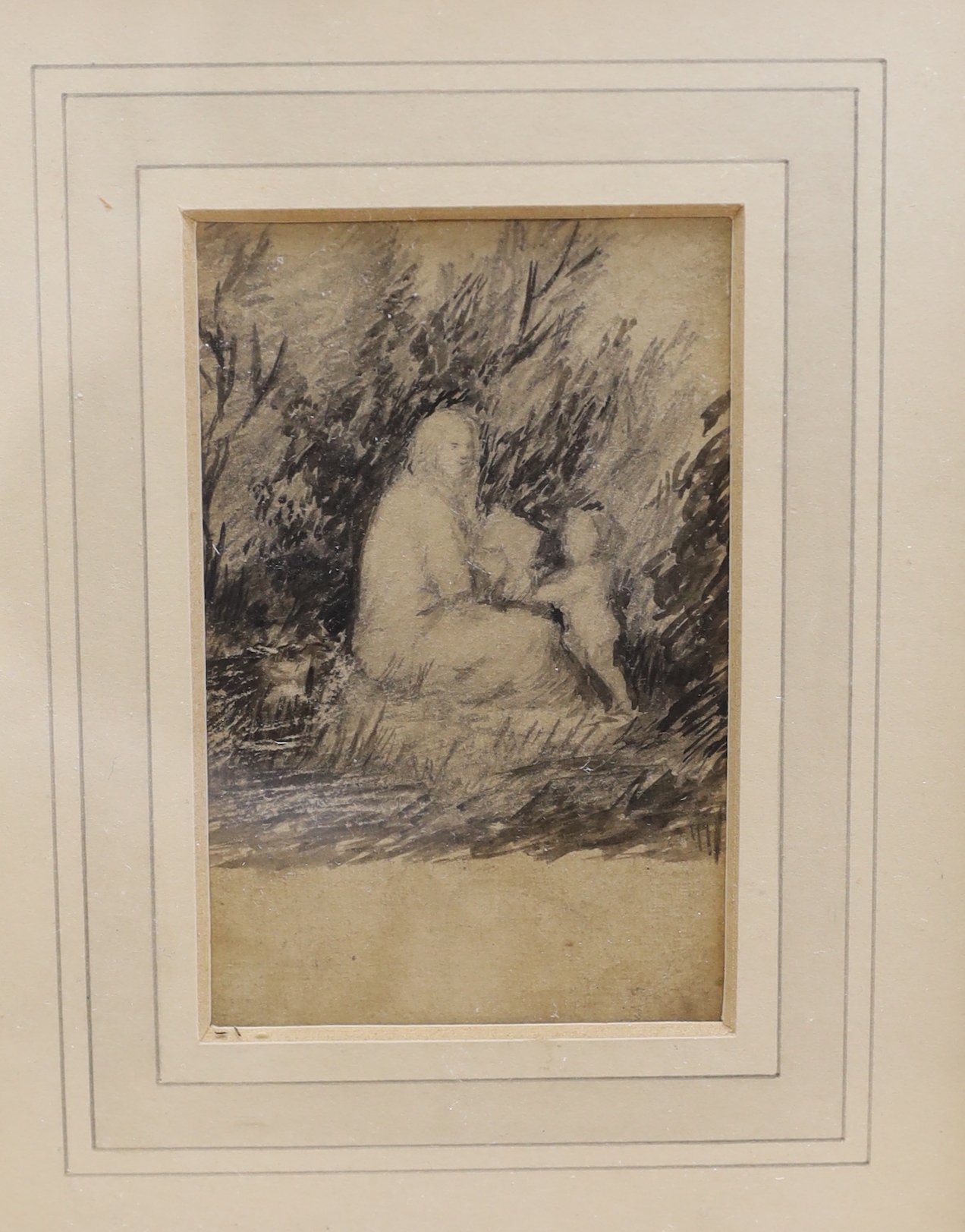 Thomas Bewick (1753-1828) two wood cuts/engravings together with a pencil sketch of a mother and child, inscribed William Frost verso, largest 10 x 7cm